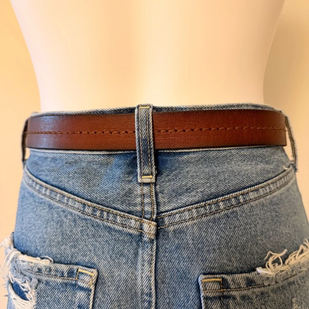 Abercrombie & Fitch Women's Brown Leather Whipstitch Belt Brass Buckle Size S/M